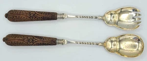 Antique 1880s Continental Hand-Carved Wood-Handled Salad Servers – Pair - Picture 1 of 15