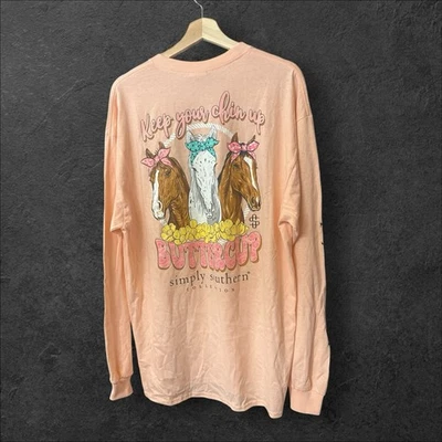 Camisa manga longa Simply Southern XL Keep Your Chin Up Horses Buttercup nova com etiquetas - Imagem 1 de 2