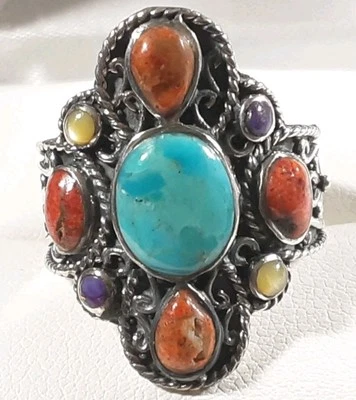 925 STERLING SILVER FILIGREE SCROLLS SPINY MOP TURQUOISE SIZE 6 RING 5.32g - Image 1 of 4