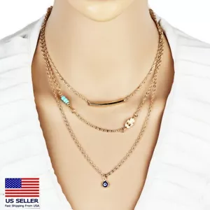 Fashion Women Chain Jewelry Necklace Evil Eye Palm Luck Hope Multilayer Pendant - Picture 1 of 3