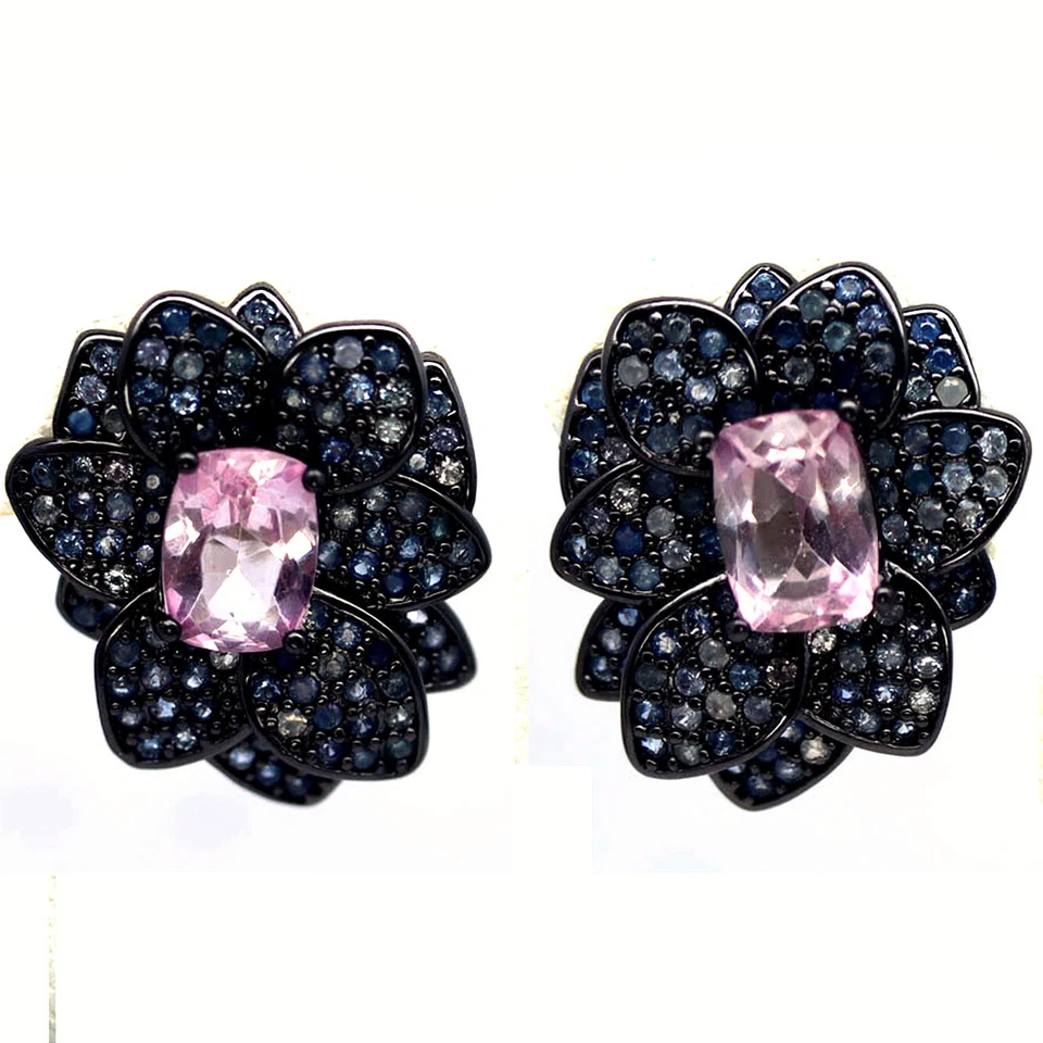 925 Silver 5 x 7 MM. Pink Mystic Topaz & Blue Sapphire Black Friday Earrings - Image 1 of 4
