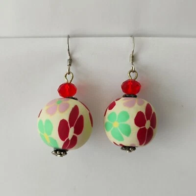 Multicolor Polymer Clay Flower Bead Dangle Earrings Large Red Green Pink Floral - Image 1 of 4