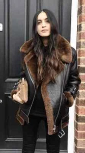 Women's Black Real Sheepskin Leather Bomber Jacket with Premium Brown Shearling - Picture 1 of 10