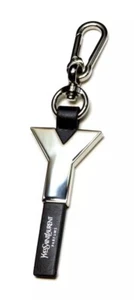 Yves Saint Laurent YSL Y Key Ring Keychain Purse Charm Silver/Black Faux Leather - Picture 1 of 8