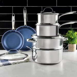 Classic Blue 10-Piece Stainless Steel Tri-Ply Nonstick Diamond Infused Coating C - Picture 1 of 5