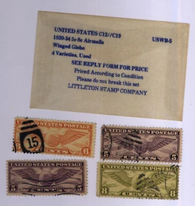 UNITED STATES C12/C19 1930-34 5 CENT - 8 CENT AIRMAILS WINGED GLOBE 4 VARIETIES - Picture 1 of 1