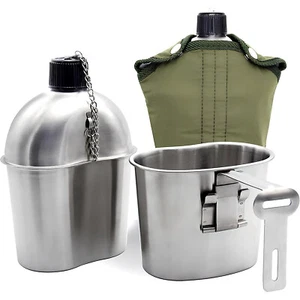 ELK Stainless Steel Military Canteen and Cup Set with Green Cover for Camping - Picture 1 of 7