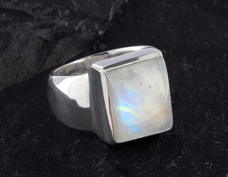 Anillo de piedras preciosas blancas de luna para hombre y mujer en plata de ley maciza 925 Foto 1 de 4