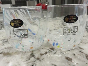 Murano White Crystal White Confetti Glass Stemless Wine Tumblers Hand Made Italy - Picture 1 of 6