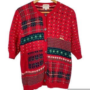 Susan Bristol Knit Sweater Cardigan Large Short Sleeve 1992 Vintage Christmas - Picture 1 of 7