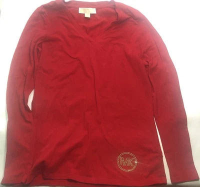 Camiseta Top Michael Kors Mujer Pequeña Roja Bling MK Logo Clásica Básica Manga Larga Foto 1 de 4