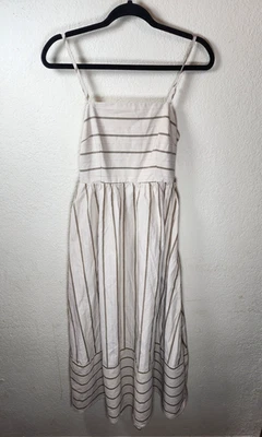 Womens S Midi Sundress Cream Striped 100% Cotton Smocked Back Cutout Pockets - Image 1 of 4