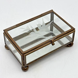 Kleine verspiegelte Glas & Messing aufklappbare Schmuckschatulle geätzt Vogel Flora Kugelfüße - Bild 1 von 12
