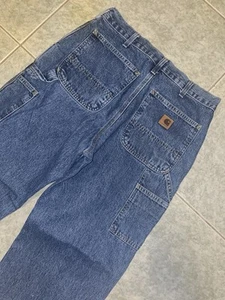 VTG Carhartt Denim Carpenter Pants 32x30 Brown Leather Patch - Picture 1 of 10
