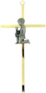 First Holy Communion Brass Wall Cross with Fine Pewter boy Casting, 8 Inch - Picture 1 of 1