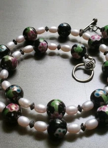 Vintage Cloisonne Necklace Enamel Beads, Roses, Pink Pearls & Sterling Silver - Picture 1 of 10