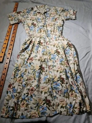 复古 Norm Thompson 连衣裙女式 16 码米色纽扣花卉 Maxi Prairie Cottagecore — 第 1/4 张图片