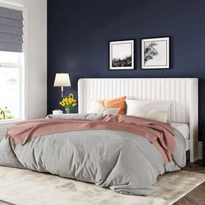 King Size Velvet Bed Frame/Vertical Channel Tufted Wingback Headboard - Picture 1 of 5