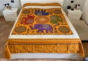 Copriletto indiano etnico con elefanti fatto a mano 240x225 cm - Nuovo - Foto 1 di 3
