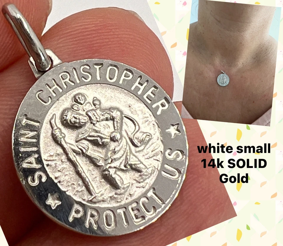 GOLd Saint san st christopher WHITE pendant 14k round medal charm SOLID .90” Foto 1 de 1