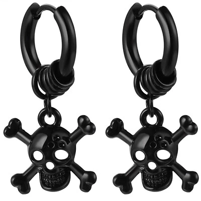 Pendientes de aro Huggie colgantes negros calavera hueso cruz acero inoxidable punk para hombre 18G Foto 1 de 4