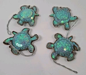 Beaded Sequined Plush Blue Christmas Ornaments - 4 Sea Turtles - Picture 1 of 9
