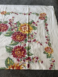 1950's Red Chrysanthemum Yellow Green White Floral Tablecloth 70X61" Fiesta - Picture 1 of 10