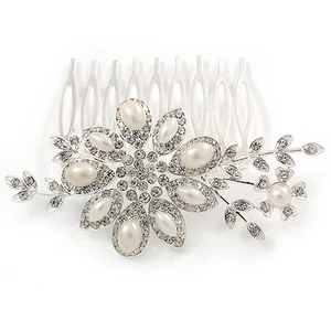Bridal/ Wedding/ Prom/ Party Rhodium Plated Clear Austrian Crystal, Glass Pearl - Picture 1 of 4