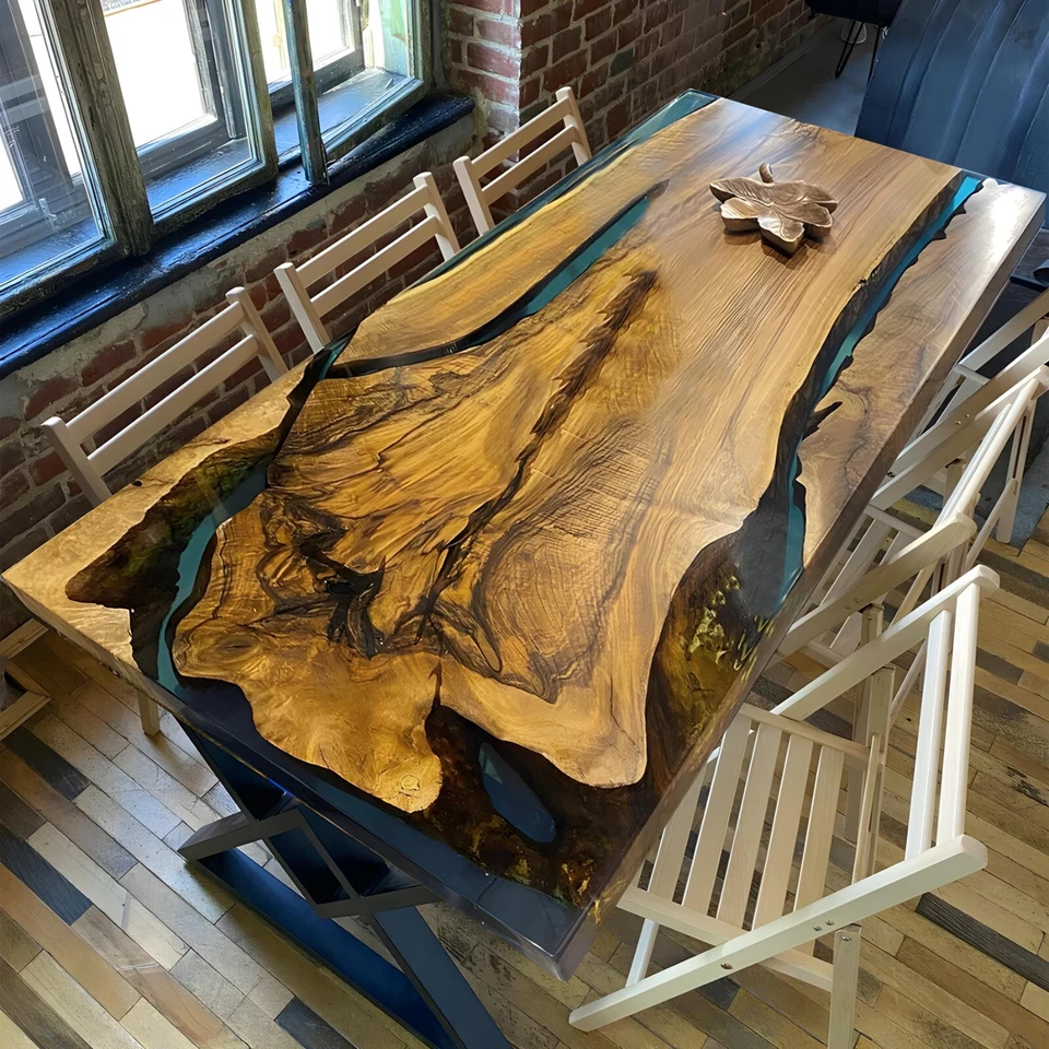 Custom Blue Epoxy Resin Wood Kitchen Table Top | Handcrafted Modern Furniture - Image 1 of 4