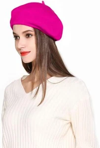 Women Fuchsia 100% Wool Artist Beret Casual Classic Solid Beanie French Hat Cap - Picture 1 of 3