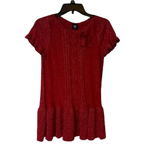 Route 66 Dress Girls Size XL Red Knit Ruffle Hem Bow Tie Short Sleeve Stretch Yo - Picture 1 of 8