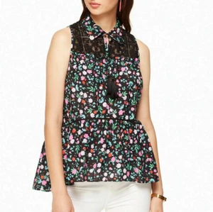 Kate Spade geblümte Seide Baumwolle Bluse Damen groß grün Spitze ärmellos Schößchen - Bild 1 von 9