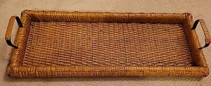 Vtg. Wicker Rectangular Decorative Tray Brown W Metal Handles Heavy  32"x13"x6" - Picture 1 of 18