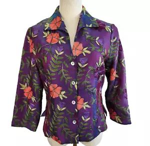 Vintage Purple Silk Embroidered Floral Jacket Shimmering Size 10 - Picture 1 of 10