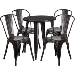 Flash Commercial Grade 24" Round Black-Ant Gold Metal Table Set, 4 Cafe Chairs - Picture 1 of 1