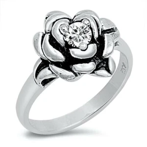 Sterling Silver Woman's Rose Flower Clear CZ Ring Cute 925 Band 11mm Sizes 5-10 - Picture 1 of 3