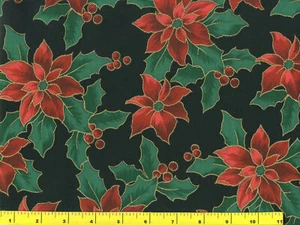 Gold Accented Red Poinsettia on Black Christmas Quilting Fabric by Yard #3093 - Picture 1 of 1
