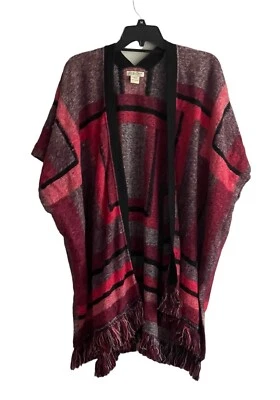 Poncho envolvente abierto Lucky Brand capa suéter kimono flecos dobladillo rojo BOHO S/XS. Foto 1 de 4