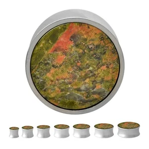 PAIR-Unakite Stone Inlay Steel Double Flare Ear Plugs 10mm/00 Gauge - Picture 1 of 3