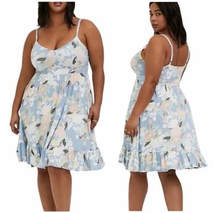 Vestido Solero Tórrido Súper Suave Tejido Floral Volantes Dobladillo Callis Azul Talla 1X - Imagen 1 de 11