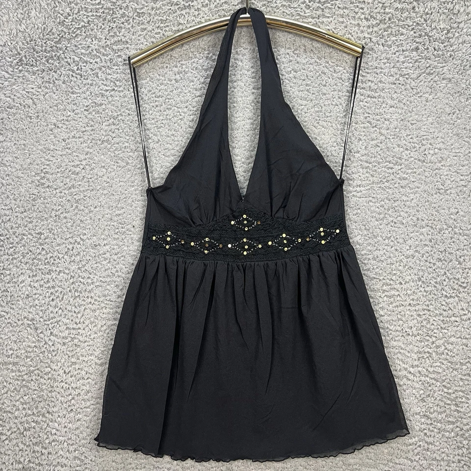De Colección Y2K Babydoll Túnica Halter Top Mujer Grande Elastizado Negro Caprichoso Lentejuelas Góticas Foto 1 de 4