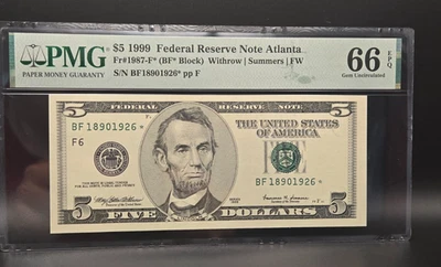 1999-$5 Five Dollar-(Atlanta) ⭐STAR NOTE⭐-FRN-PMG 66 EPQ-GEM - Image 1 of 2
