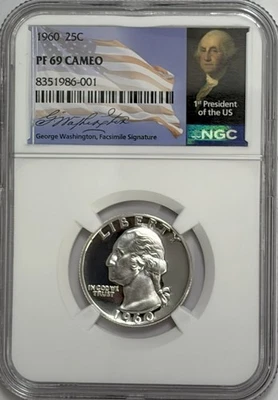 1960 NGC PF69 Cameo 90% Silver Proof Washington Quarter 25c Signature Label - Image 1 of 3