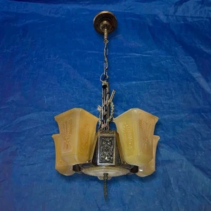 RARE Art Deco Amber Slip Shade Fixture Wired Chandelier 6 Five Light 34H - Picture 1 of 13