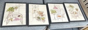 Vintage Art Prints Set Of 4 Signed Gallo Wicker Boho Ferns 70'S Mcm Framed - Picture 1 of 14