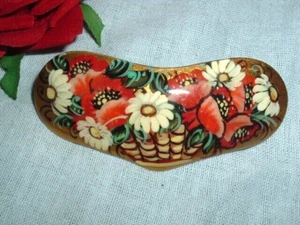 HAND PAINTED GENUINE RUSSIAN FLORAL LACQUER HEART HAIR BARRETTE DESIGNER SIGNED - Picture 1 of 3