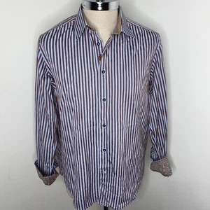 Robert Graham Mens Long sleeve Shirt Sz 42 Blue Brown Striped Button Embroidered - Picture 1 of 9