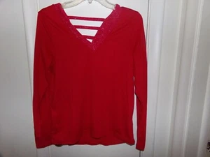Wishful Park Long Sleeve Juniors Top Stretch V Neck Red Metallic Neckline L - Picture 1 of 2