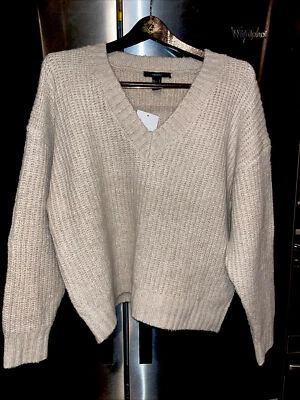 Nuevo SUÉTER L Avena Bronceado Holgado GRUESO TEJIDO CUELLO EN V CUADRADO CÁLIDO Dobladillo Acanalado Mujeres Foto 1 de 4