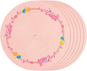 Round Easter Placemats Set of 6 Pink Easter Egg Bunny Placemats Table Decoration - Picture 1 of 12